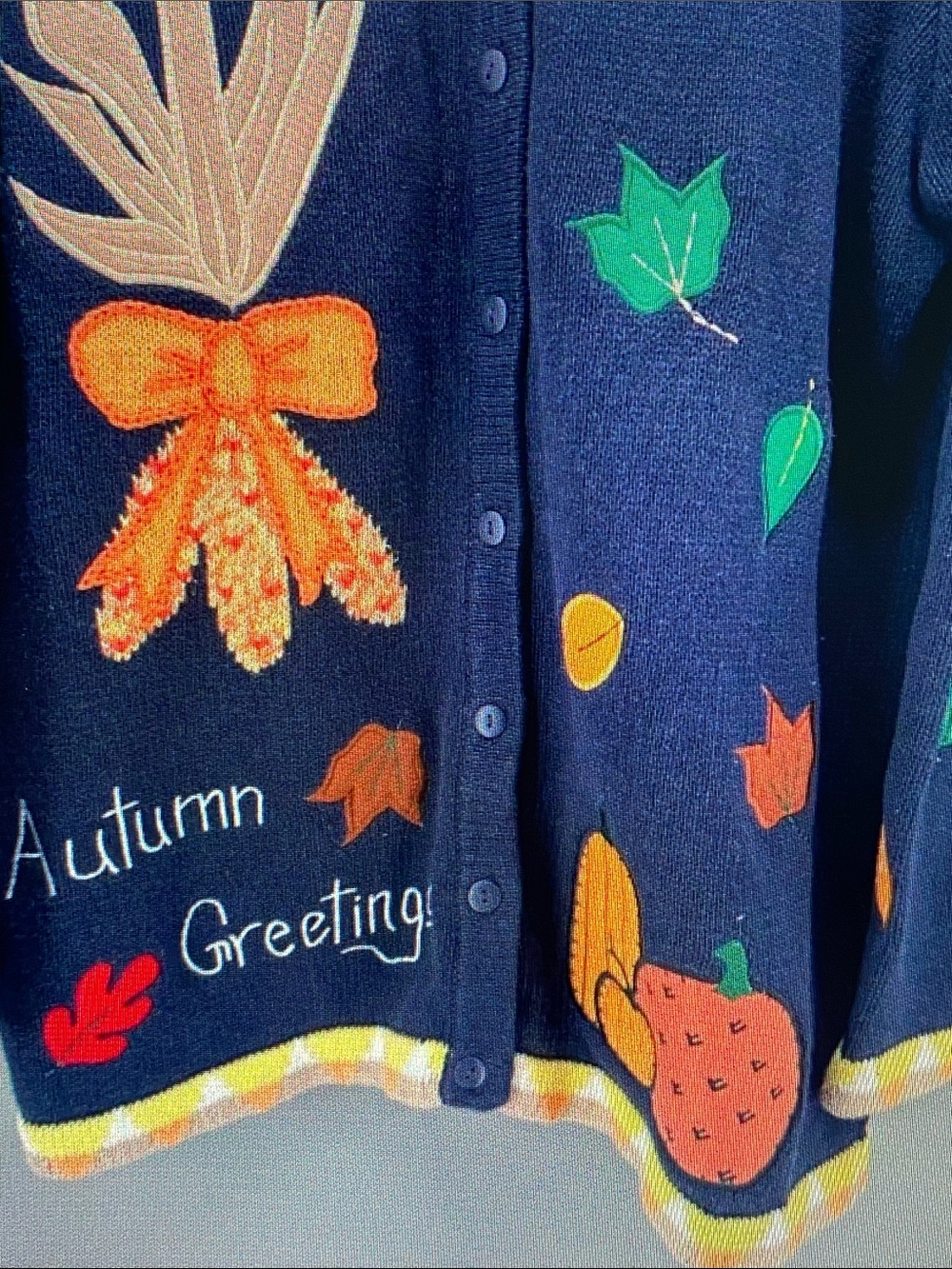 Quacker Factory Navy Cardigan with Multicolor Autumn Appliqués - Picture 7 of 8